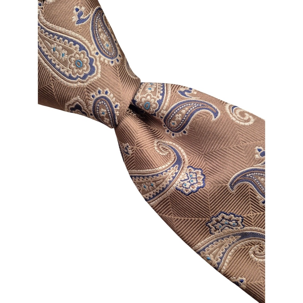 David Donahue Mens Tan Brown Paisley Silk Tie Handmade USA Italian Fabric